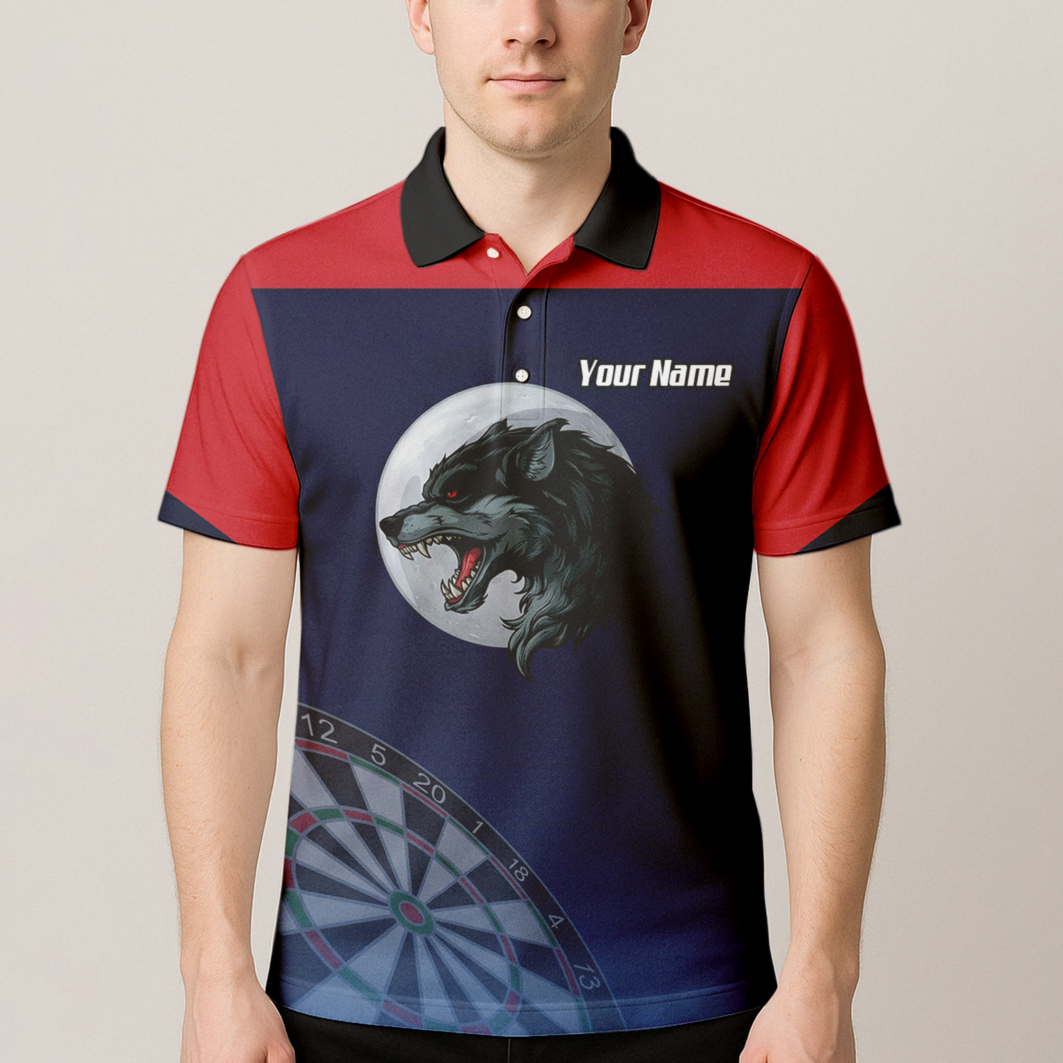 Personalised Wolf Moon Dart Jersey Polo and Zipper Navy Red For Men G7201