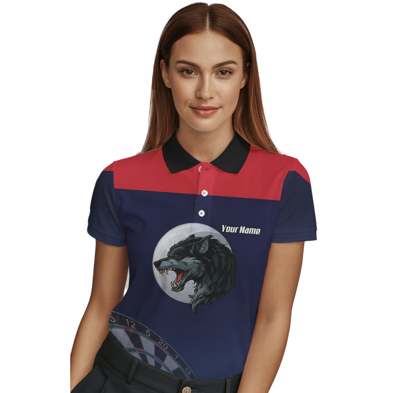 Personalised Wolf Moon Dart Jersey Polo and Zipper Navy Red For Women G7201