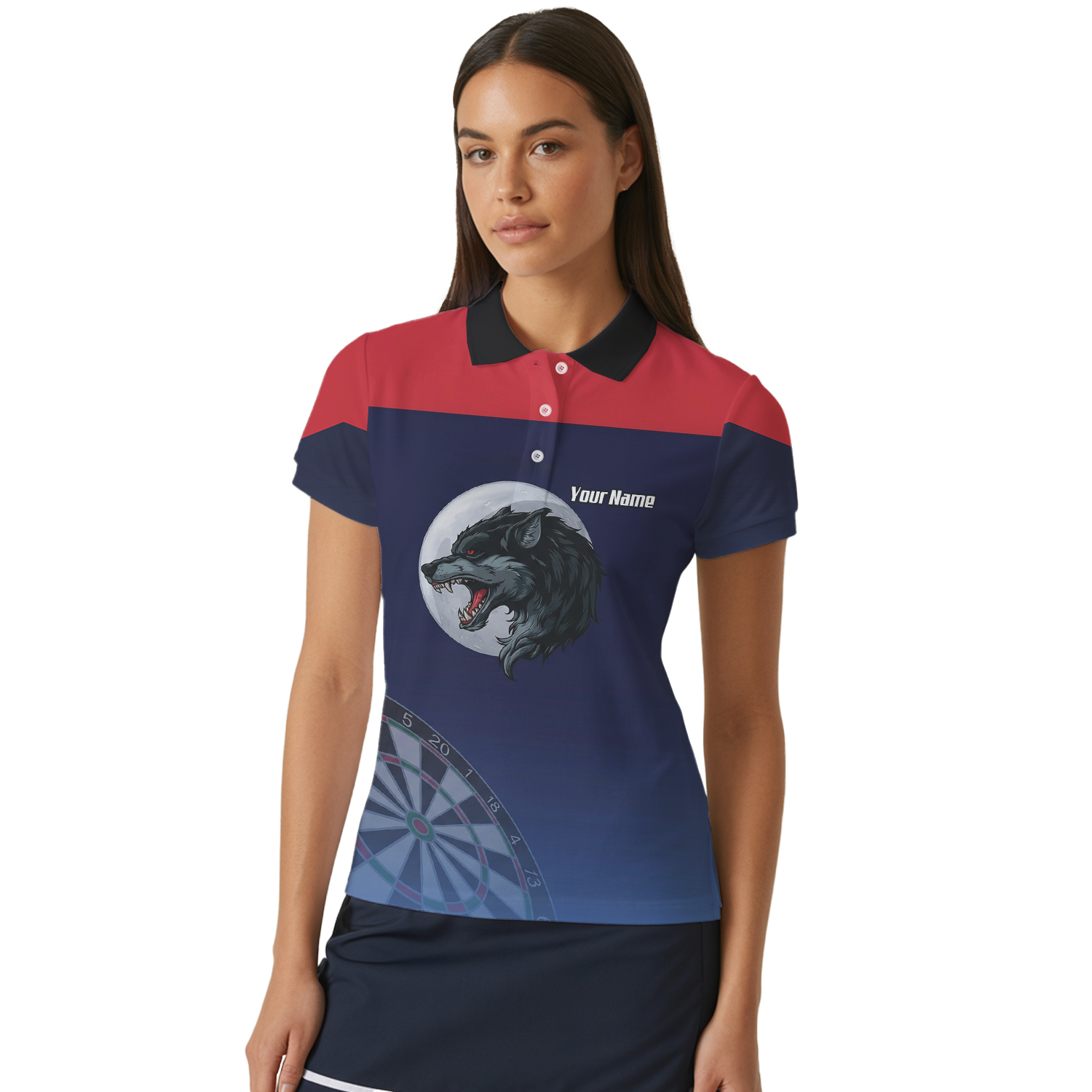 Personalised Wolf Moon Dart Jersey Polo and Zipper Navy Red For Women G7201