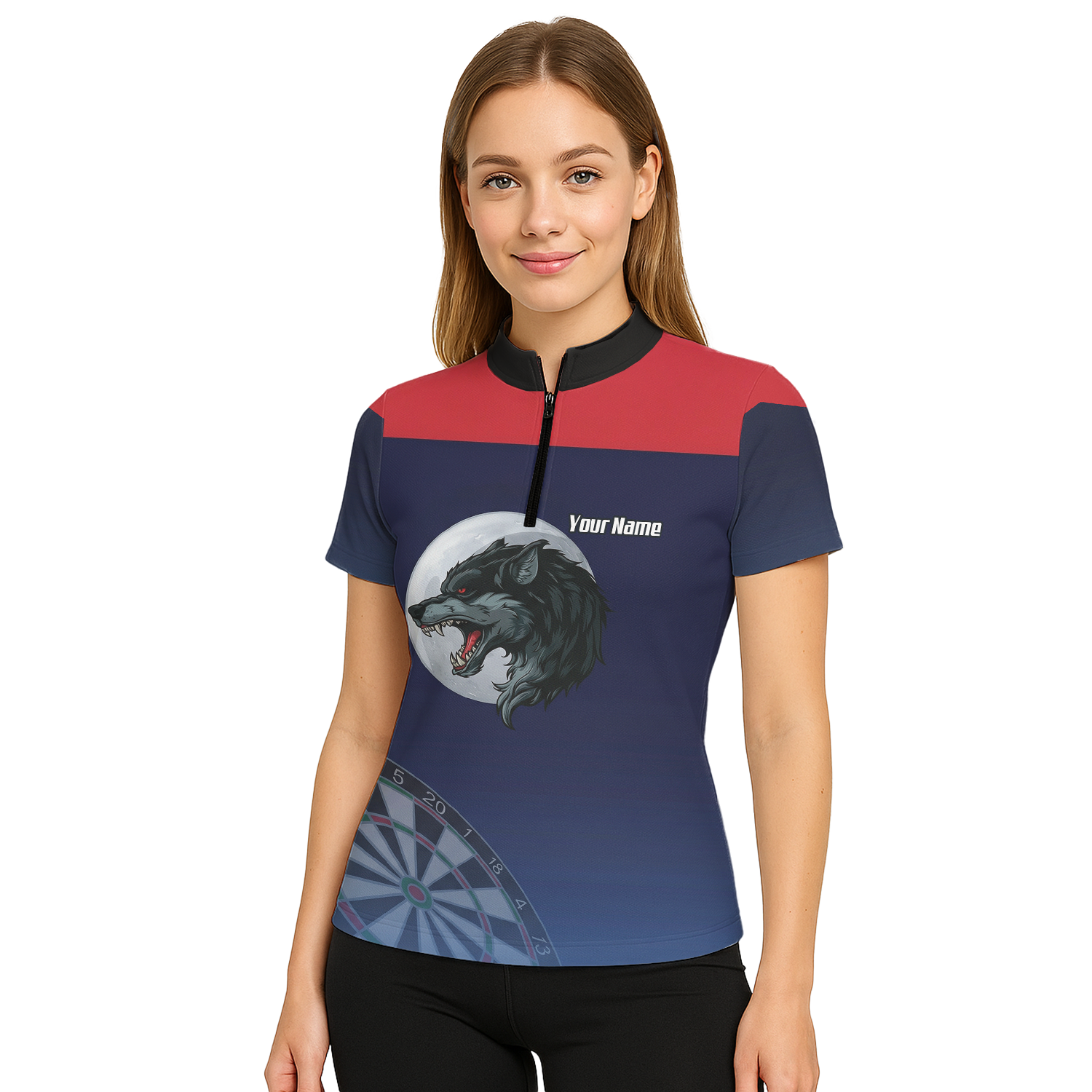 Personalised Wolf Moon Dart Jersey Polo and Zipper Navy Red For Women G7201