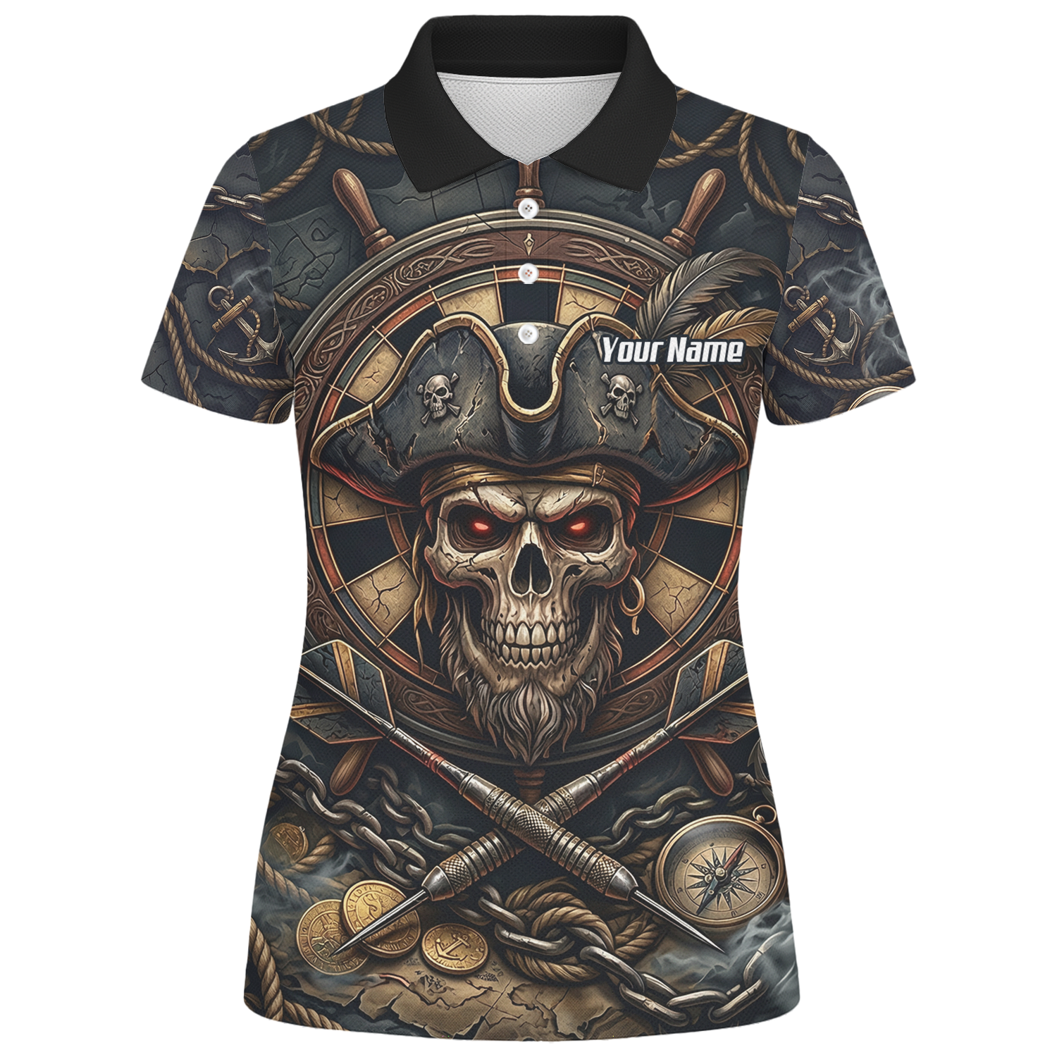 Personalised Pirate Skull Dart Jersey for Women Custom Name Team Polo Shirt Black Gold H4255
