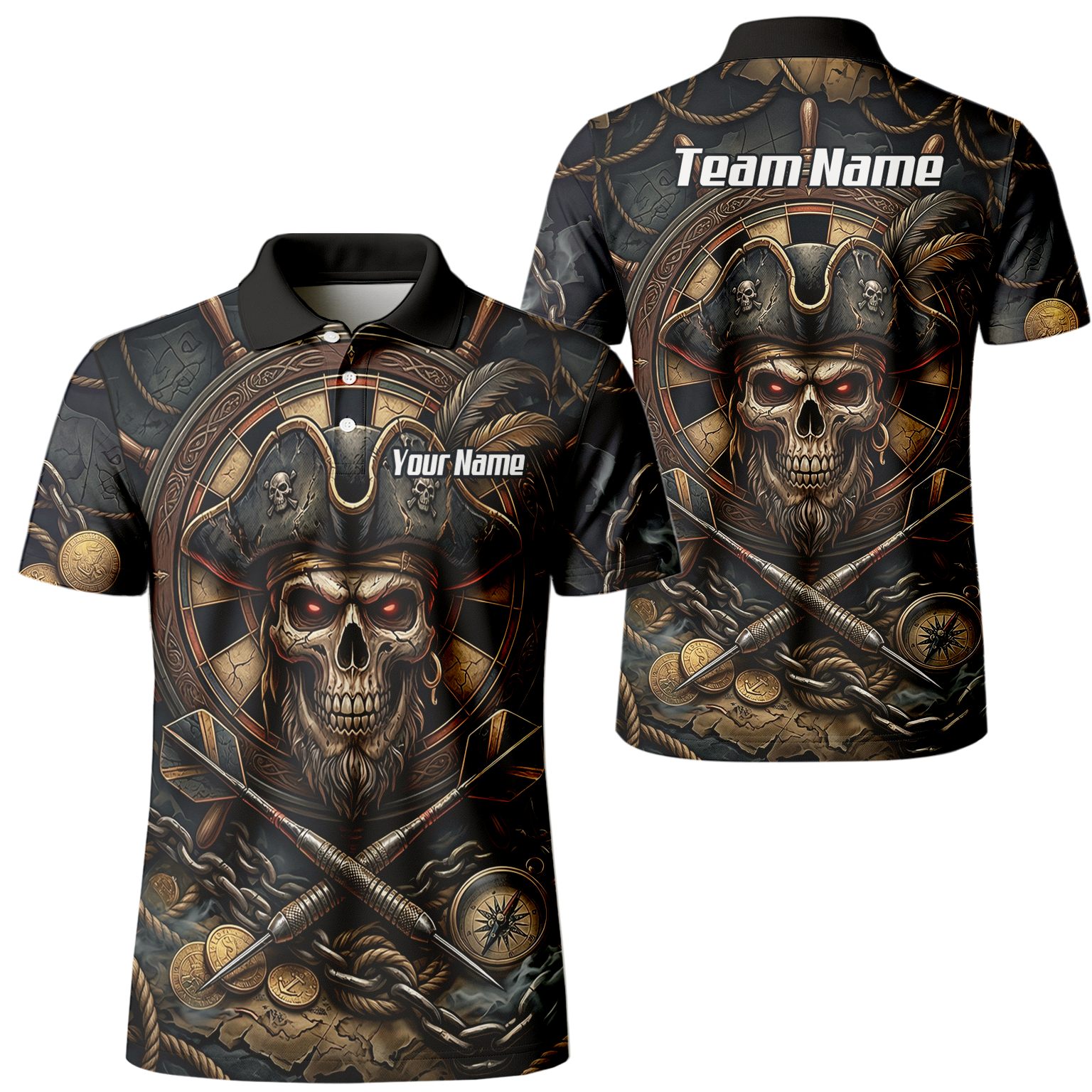 Personalised Pirate Skull Dart Jersey for Men Custom Name Team Polo Shirt Black Gold H4255
