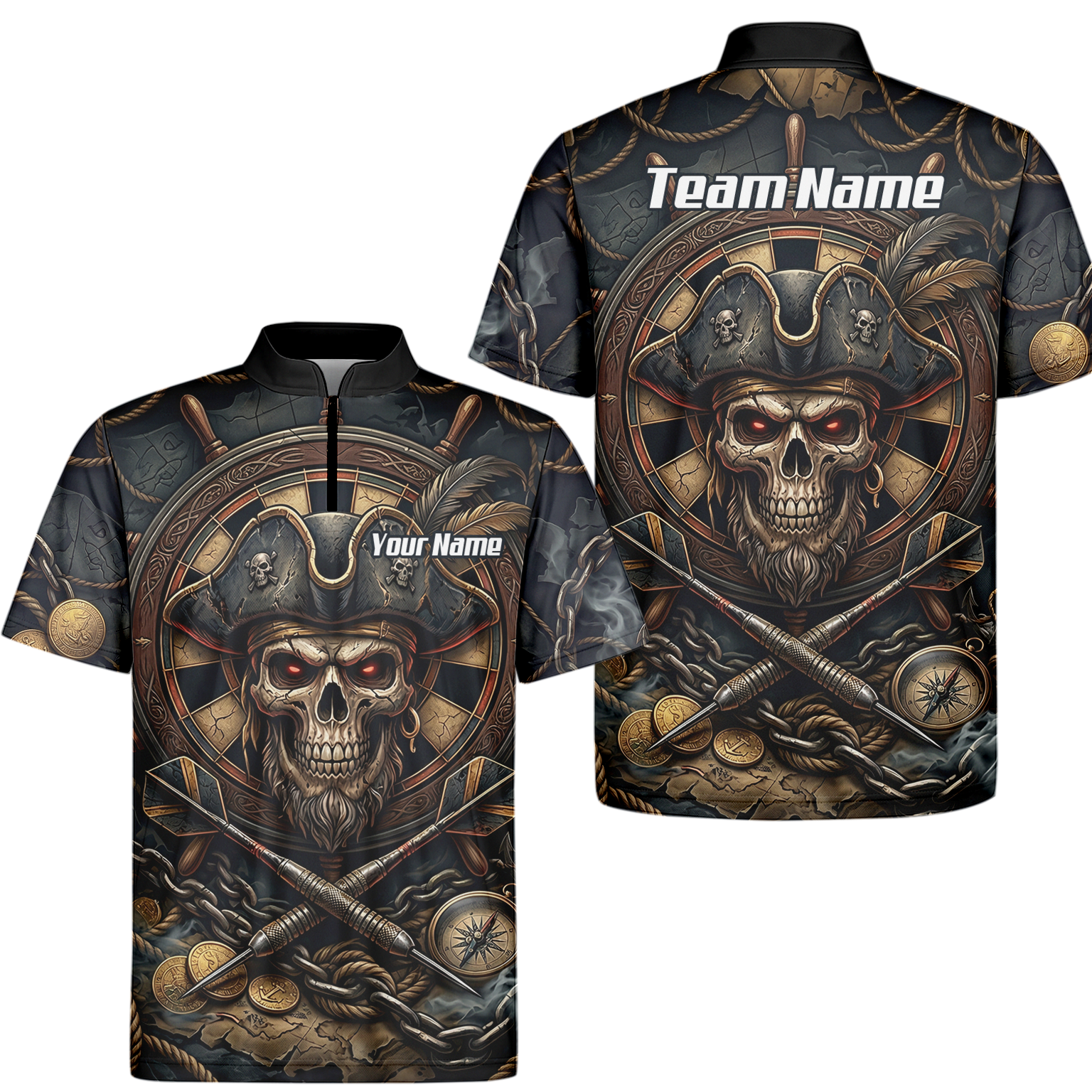 Personalised Pirate Skull Dart Jersey for Men Custom Name Team Polo Shirt Black Gold H4255