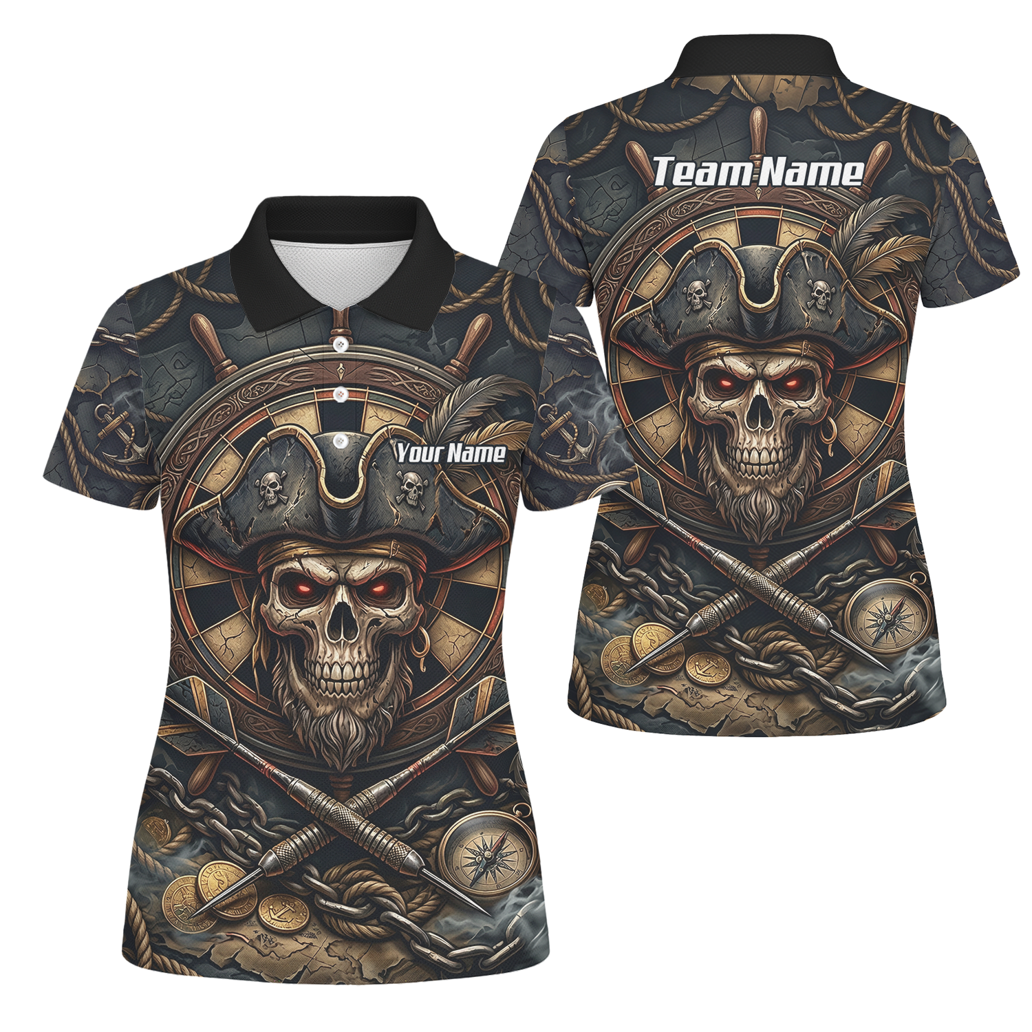 Personalised Pirate Skull Dart Jersey for Women Custom Name Team Polo Shirt Black Gold H4255
