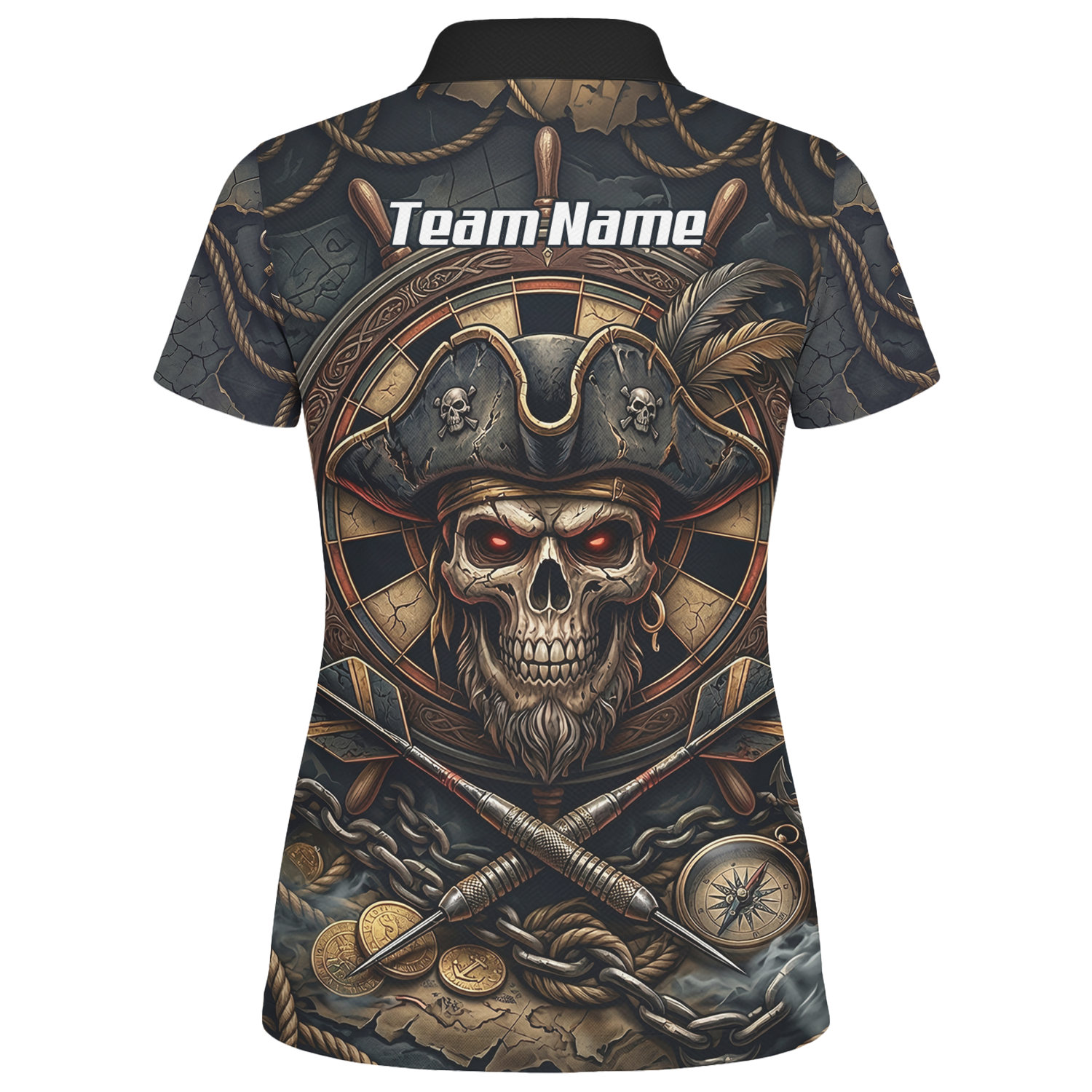 Personalised Pirate Skull Dart Jersey for Women Custom Name Team Polo Shirt Black Gold H4255