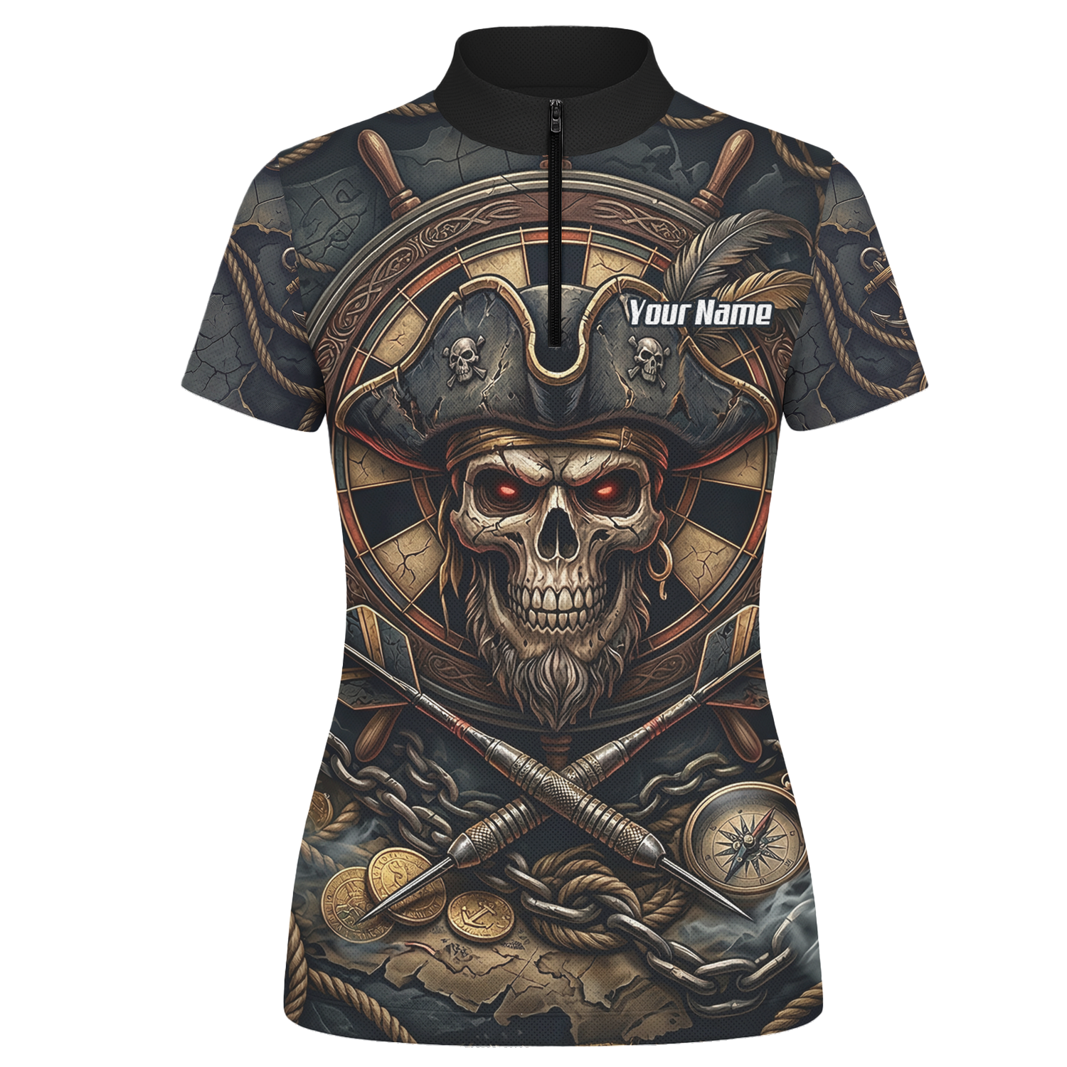Personalised Pirate Skull Dart Jersey for Women Custom Name Team Polo Shirt Black Gold H4255