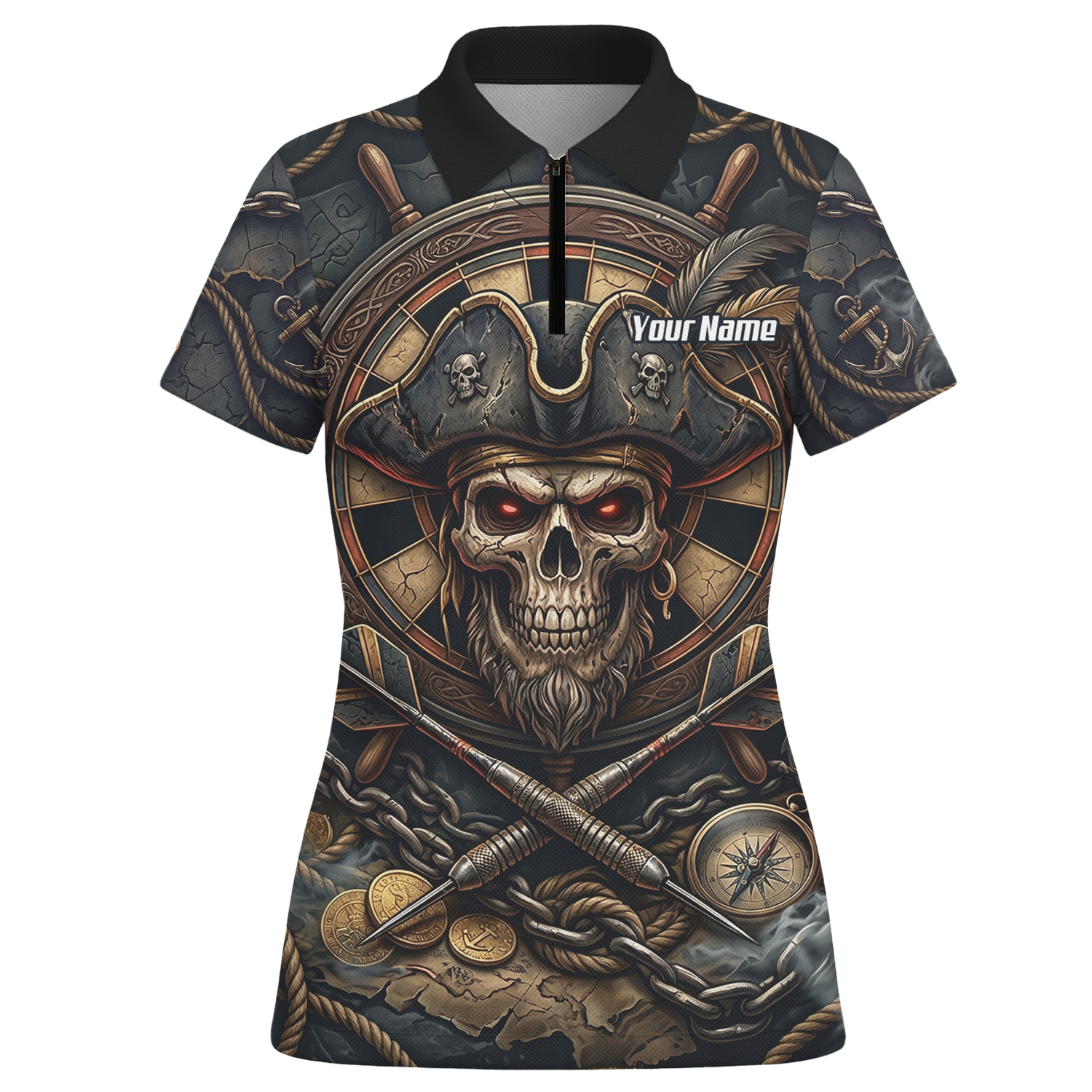 Personalised Pirate Skull Dart Jersey for Women Custom Name Team Polo Shirt Black Gold H4255