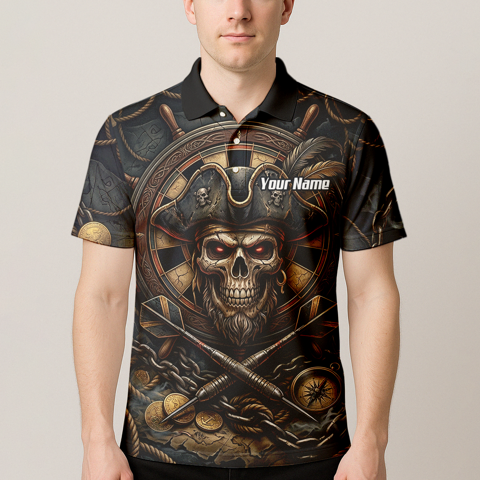 Personalised Pirate Skull Dart Jersey for Men Custom Name Team Polo Shirt Black Gold H4255