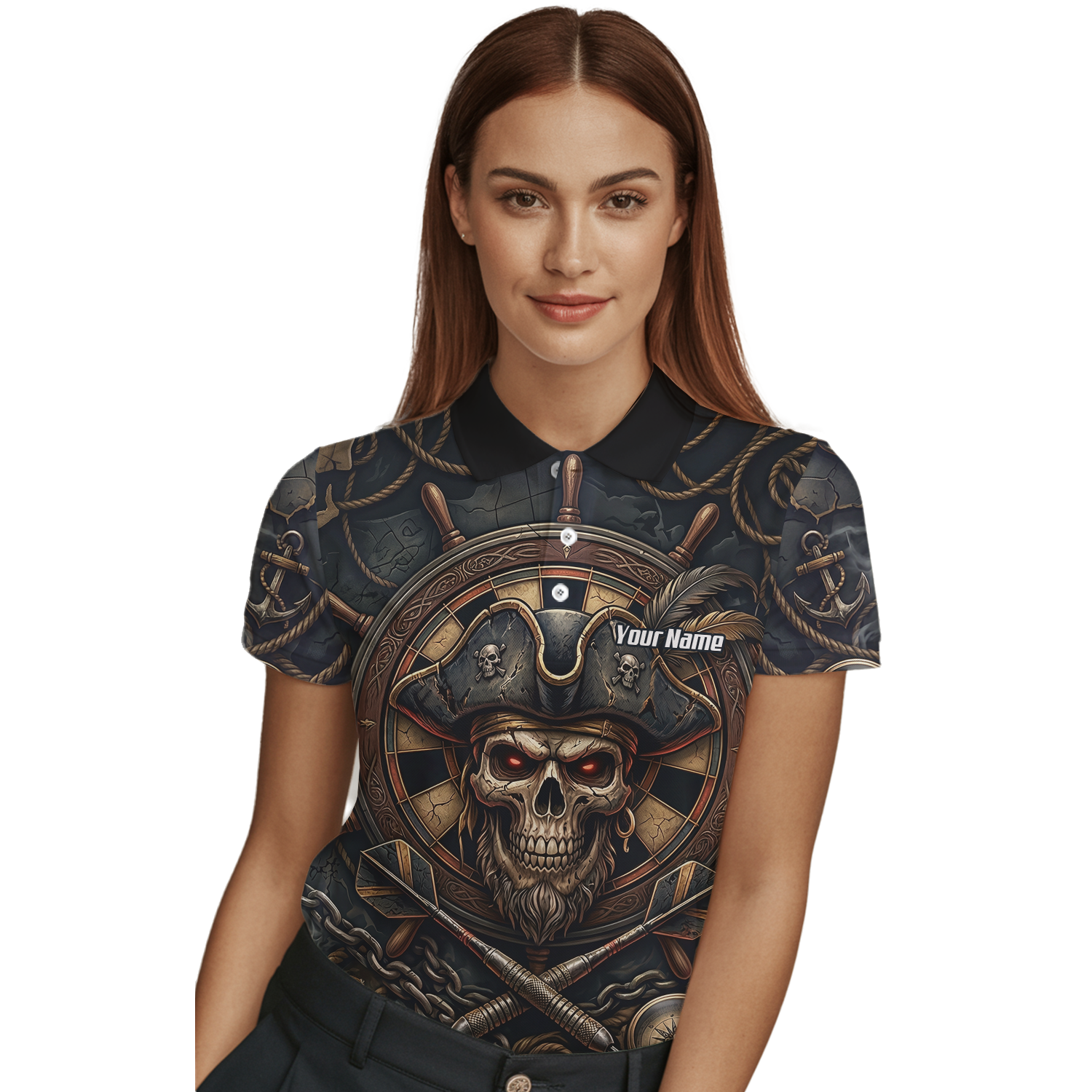 Personalised Pirate Skull Dart Jersey for Women Custom Name Team Polo Shirt Black Gold H4255