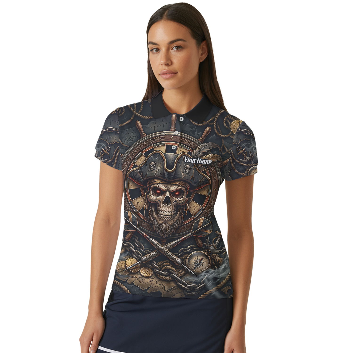Personalised Pirate Skull Dart Jersey for Women Custom Name Team Polo Shirt Black Gold H4255