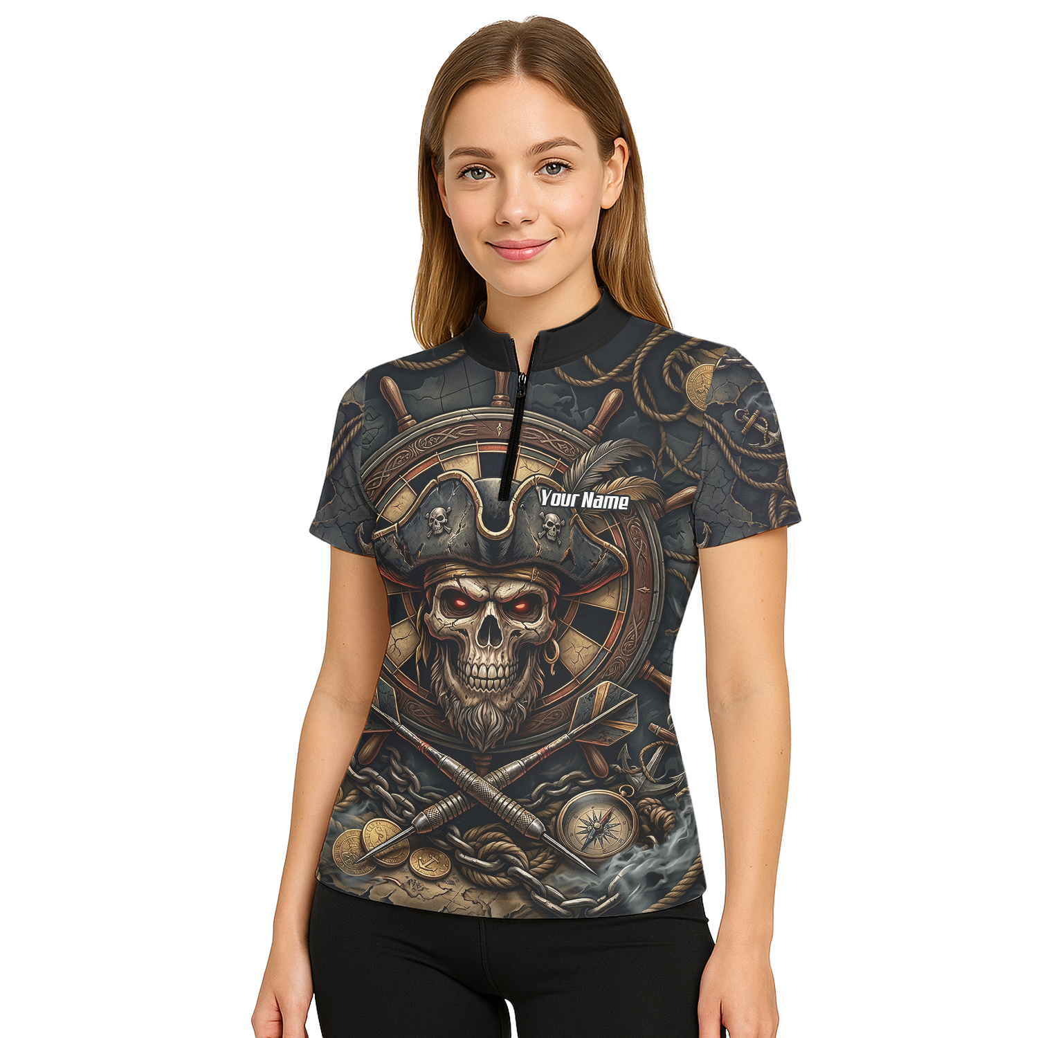 Personalised Pirate Skull Dart Jersey for Women Custom Name Team Polo Shirt Black Gold H4255