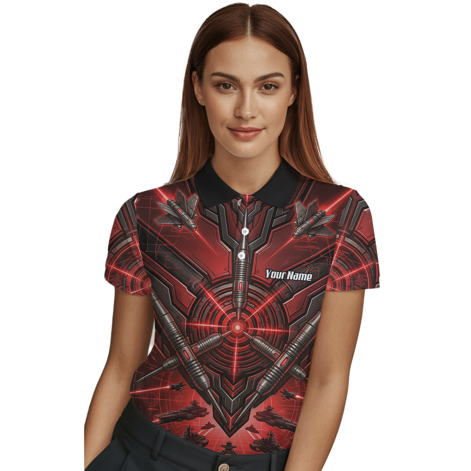 Personalised Red Black Futuristic Sci-Fi Dart Jersey for Women Custom Darts Polo Shirt H6778