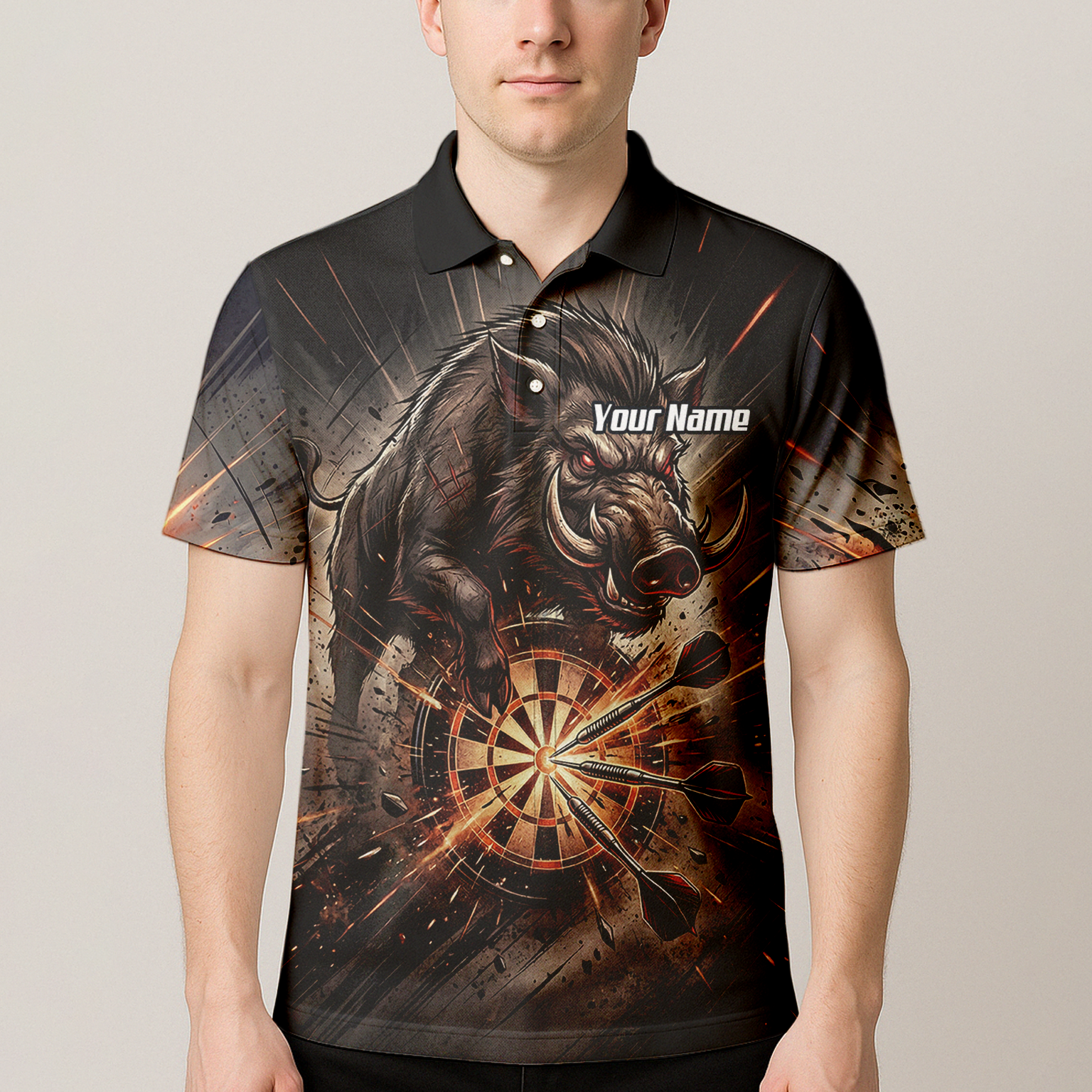 Personalised Wild Boar Darts Jersey for Men, Custom Dartboard Polo Shirt Black Brown, Darts Team Top with Name H8686