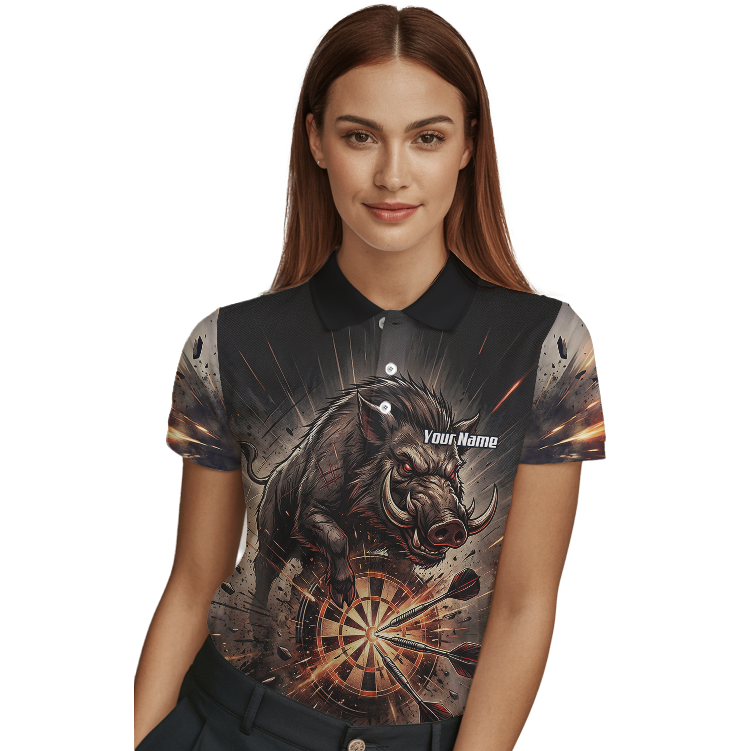 Personalised Wild Boar Darts Jersey for Women, Custom Dartboard Polo Shirt Black Brown, Darts Team Top with Name H8686