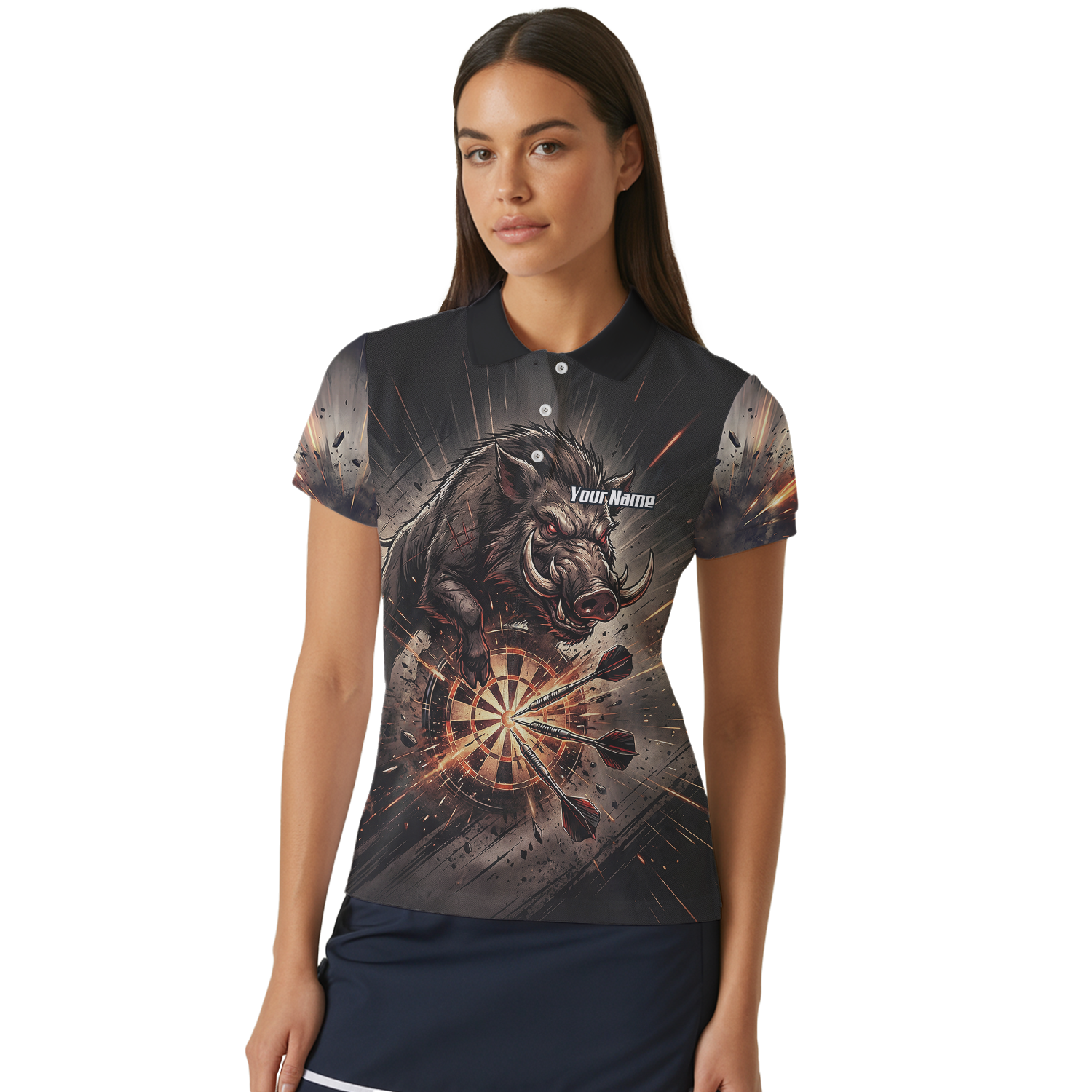 Personalised Wild Boar Darts Jersey for Women, Custom Dartboard Polo Shirt Black Brown, Darts Team Top with Name H8686