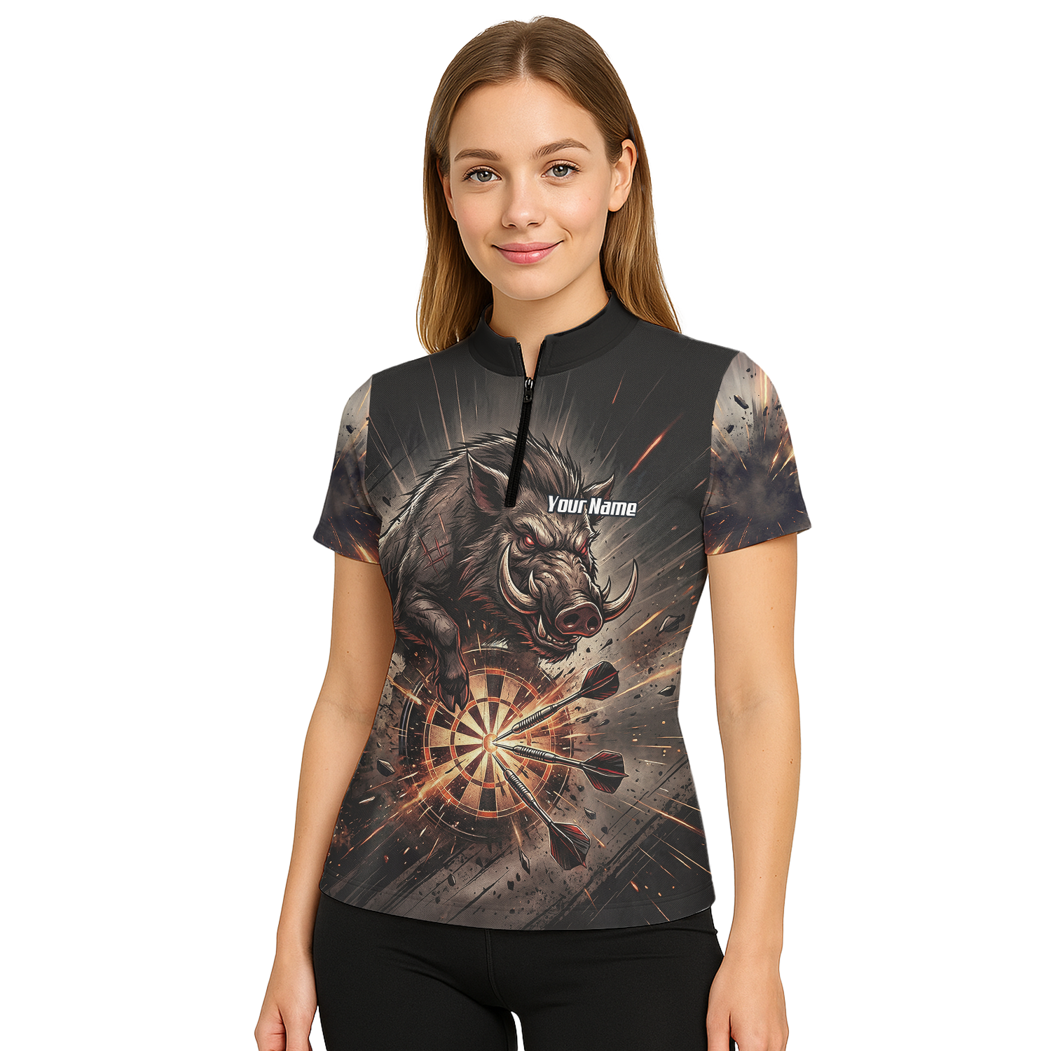 Personalised Wild Boar Darts Jersey for Women, Custom Dartboard Polo Shirt Black Brown, Darts Team Top with Name H8686