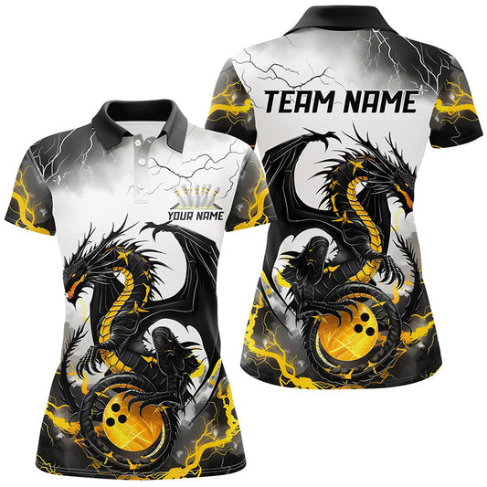 
Custom Dragon Ladies Bowling Shirt - Black and Gold Thunder Lightning Design, Perfect for Bowling Leagues
 I7061