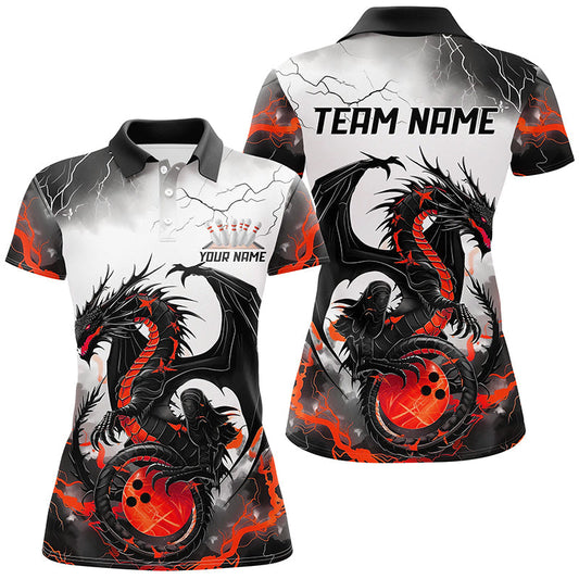 
Custom Dragon Ladies Bowling Shirt - Black and Red Thunder Lightning Design, Perfect for Bowling Leagues
 I7063