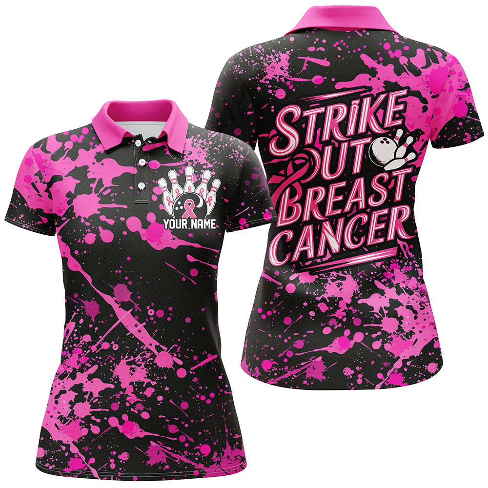 
Ladies Bowling Shirt - Custom Pink Ribbon Breast Cancer Awareness, Black with Pinstripe Design
 I7049