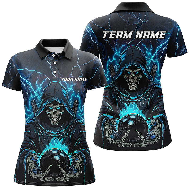 
Custom Skull Bowling Shirts for Women - Black and Blue Lightning Design - Halloween Themed Bowling Apparel
 I7091