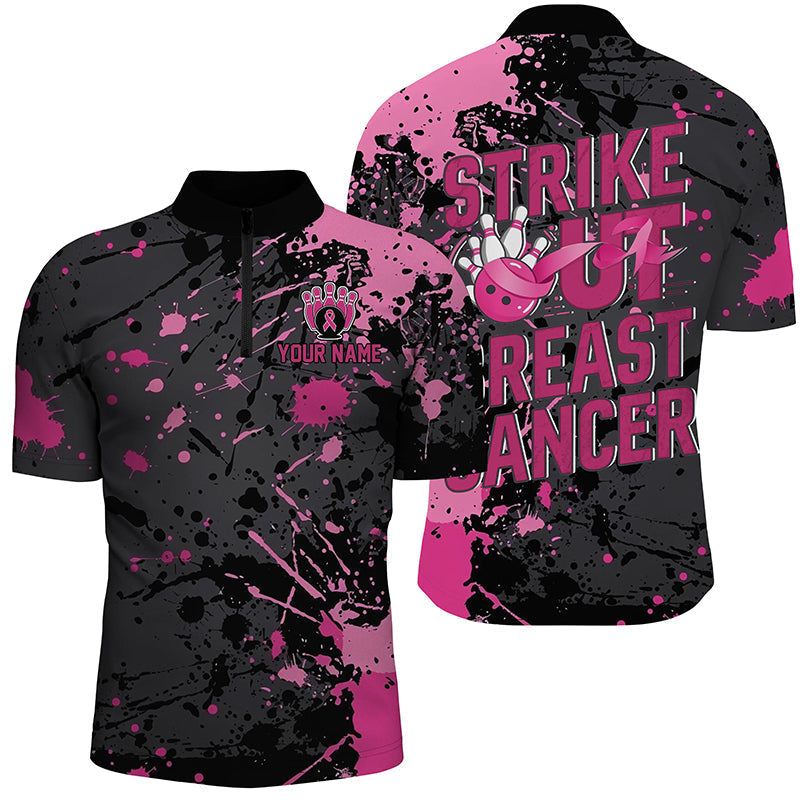 
Men's Black Pinstripe Out Breast Cancer Bowling Shirt with Pink Ribbon
 I7048