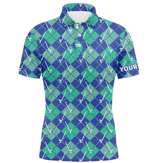 Green and Blue Argyle Plaid Pattern Men's Custom Golf Polo Shirt Per