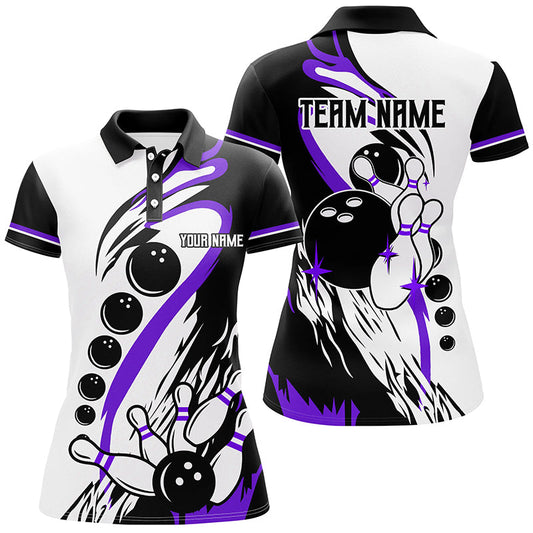 
Custom Women’s Black and White Retro Bowling League Jerseys - Purple Bowling Shirts for Bowlers
 N8228