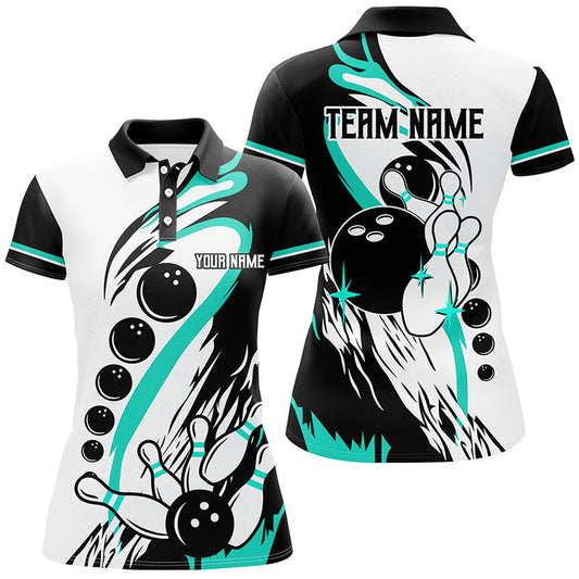 
Custom Women's Retro Bowling League Jerseys - Black and White Turquoise Bowling Shirts for Bowlers
 N8229