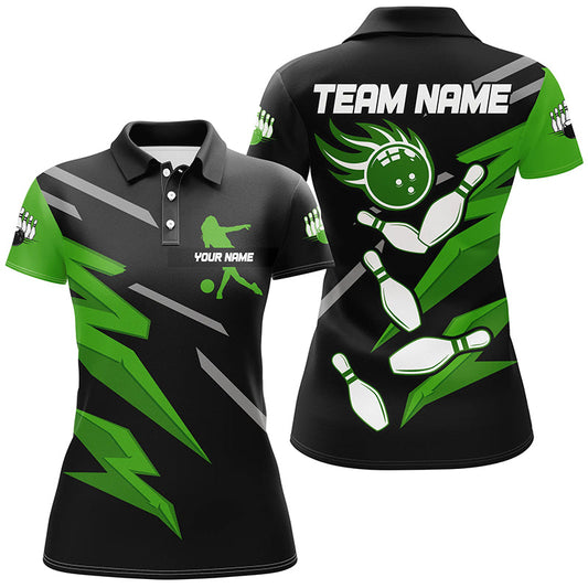 
Black and Green Women's Bowling Polo Shirt, Quarter Zip Custom Team Jersey, Perfect Gift for Bowlers
 N8247