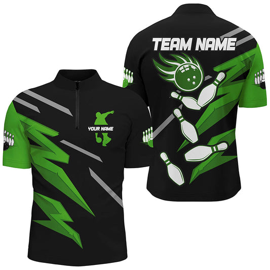 
Bowling Polo Shirt for Men - Black and Green Quarter Zip Custom Team Jersey, Ideal Gift for Bowlers
 N8247