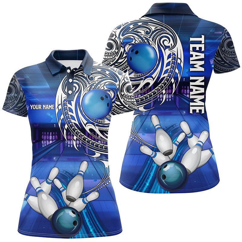 
Personalized Blue Tribal Pattern Bowling Polo Shirt for Women, 1/4 Zip Custom Jersey
 N8339