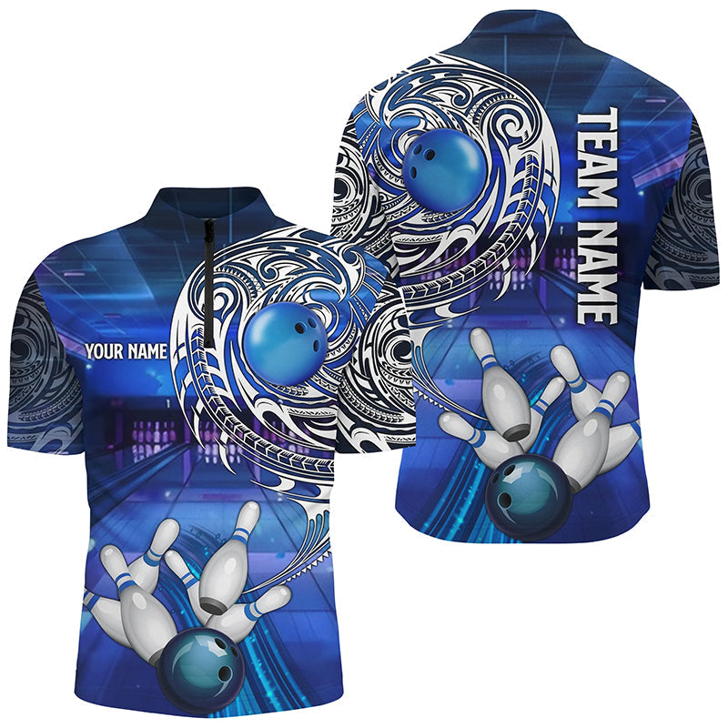 
Personalized Blue Tribal Pattern Bowling Polo Shirt for Men, 1/4 Zip Custom Jersey
 N8339