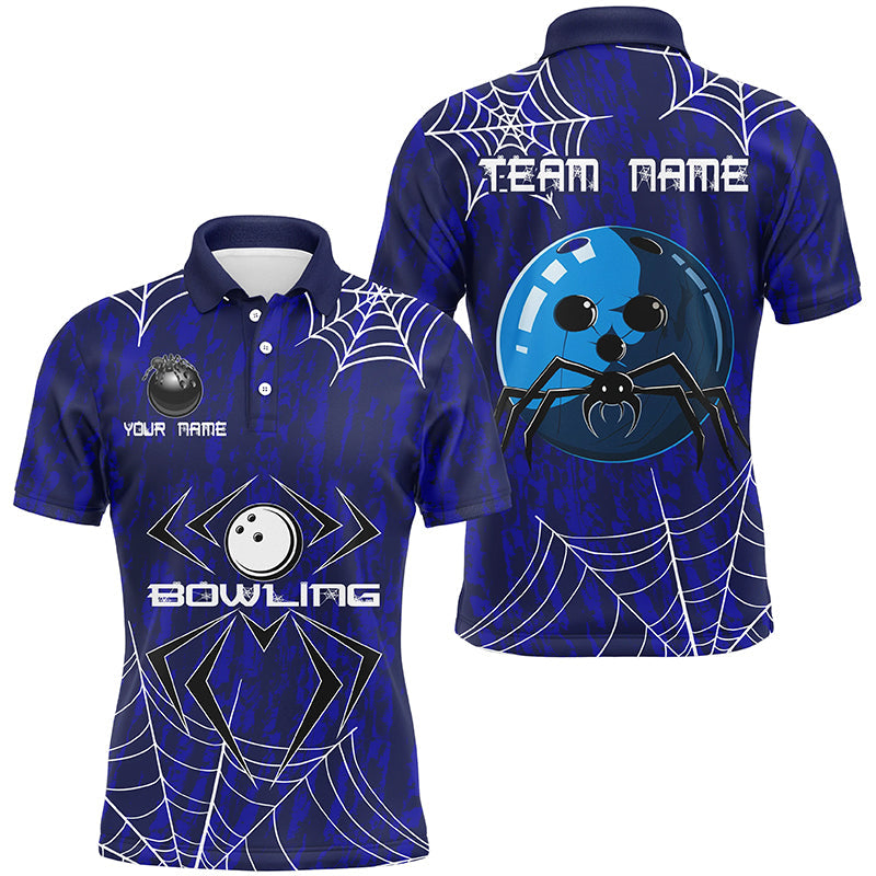 
Blue Camo Bowling Polo Shirt, 1/4 Zip Custom Halloween Jersey for Men, Team Spider Web Design
 N8158