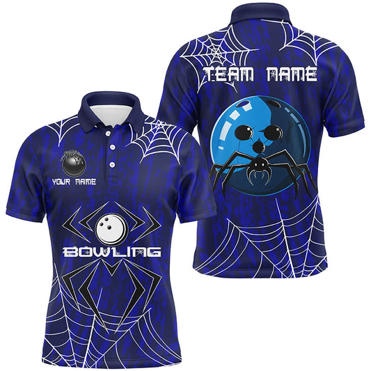 
Blue Camo Bowling Polo Shirt, 1/4 Zip Custom Halloween Jersey for Men, Team Spider Web Design
 N8158