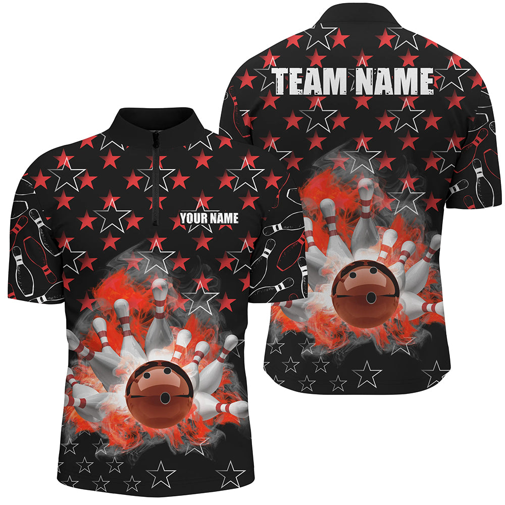 
Custom Men's Bowling Polo Shirt, Quarter Zip, Black and Red Stars Pattern, Team Bowling Jersey
 N8193