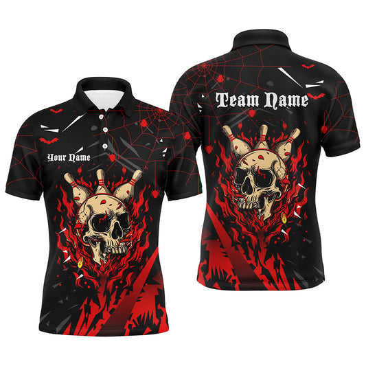 
Men's Custom Skull Bowling Shirt - Black and Red Flame Design, Team Jersey for Halloween
 N8155