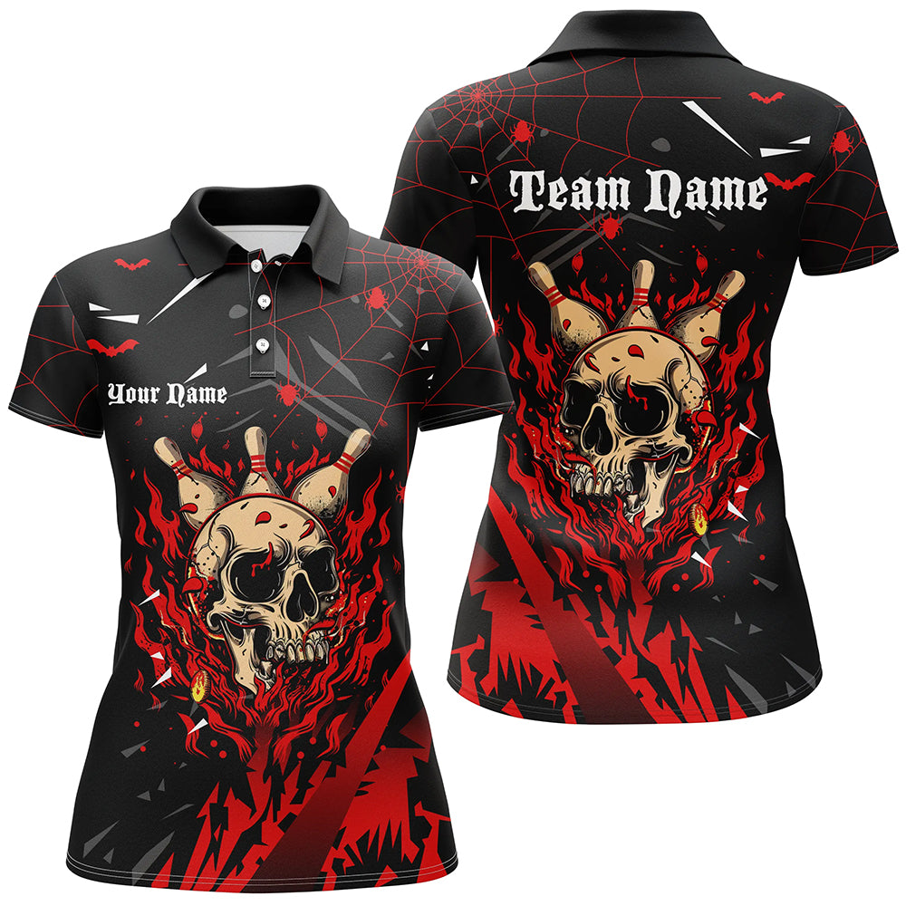 
Custom Women's Skull Bowling Shirt - Black and Red Flame Design - Team Bowling Jersey - Halloween Themed Apparel
 N8155