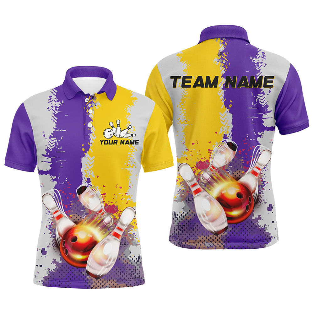 
Men's Custom Team Bowling Polo Shirt, Yellow and Purple Camo, 1/4 Zip Design
 N8157