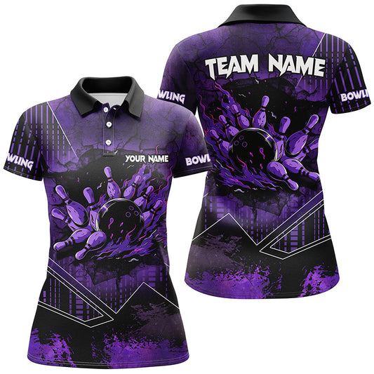 
Women’s Custom Bowling Polo Shirt – Purple Grunge Flame Design, Quarter Zip, Team Jersey, Comfortable Fit
 N8203