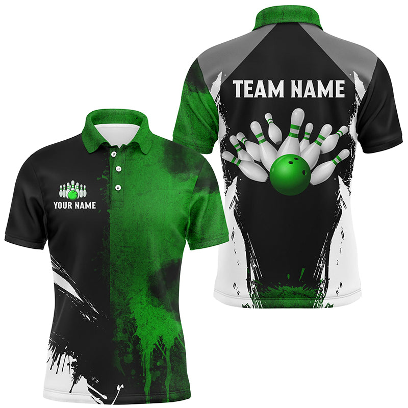 
Men's Custom Bowling Team Polo Shirt, Black and Green Quarter Zip Jersey for Bowlers
 N8259