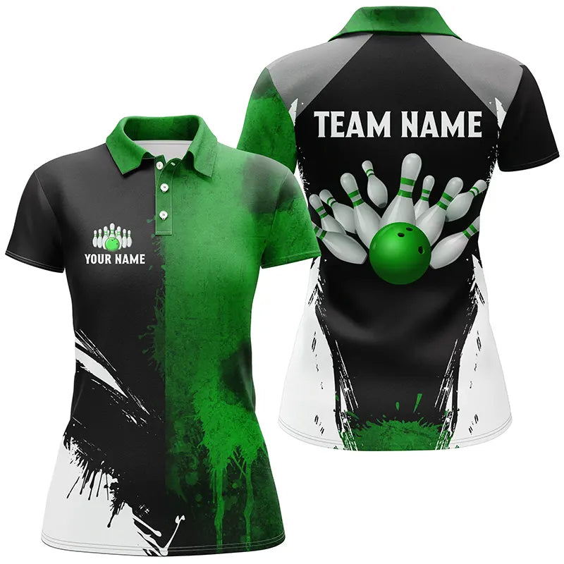 
Women's Black and Green Bowling Polo Shirt - Quarter Zip Custom Jersey for Bowling Team, Perfect Gift for Bowlers
 N8259