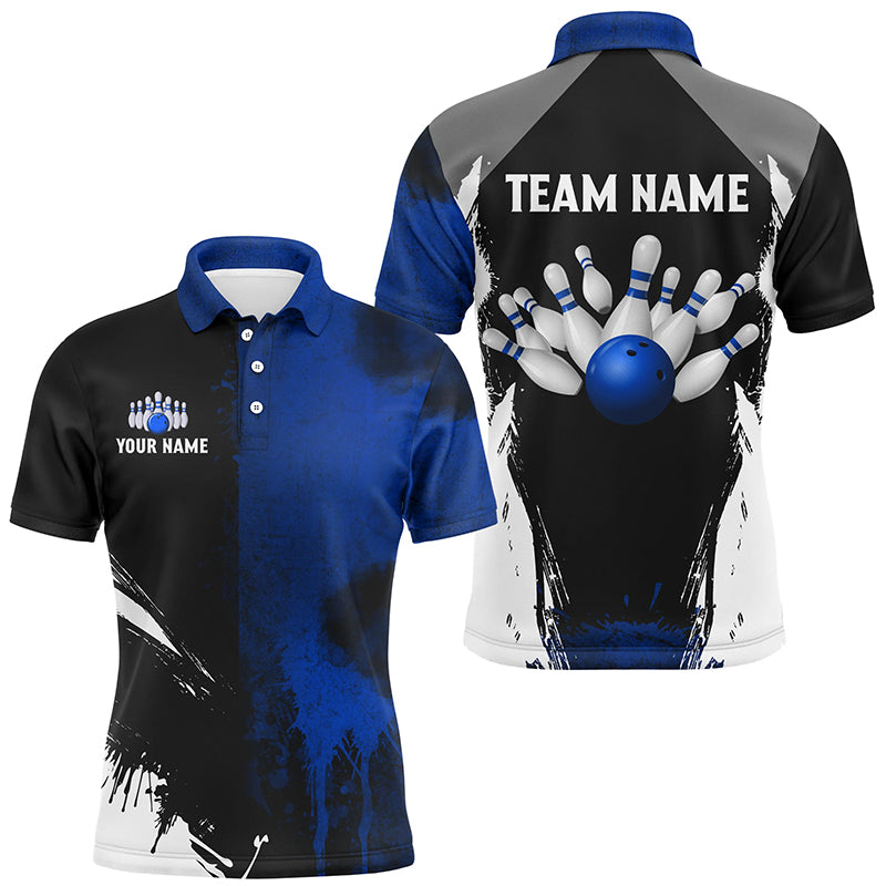 
Men's Custom Bowling Team Polo Shirt, Black and Blue Quarter Zip Jersey for Bowlers
 N8260