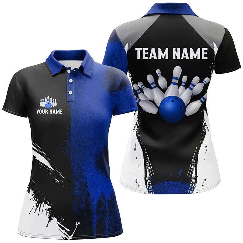 
Women's Custom Bowling Team Polo Shirt, Black and Blue Quarter Zip Jersey for Bowlers
 N8260