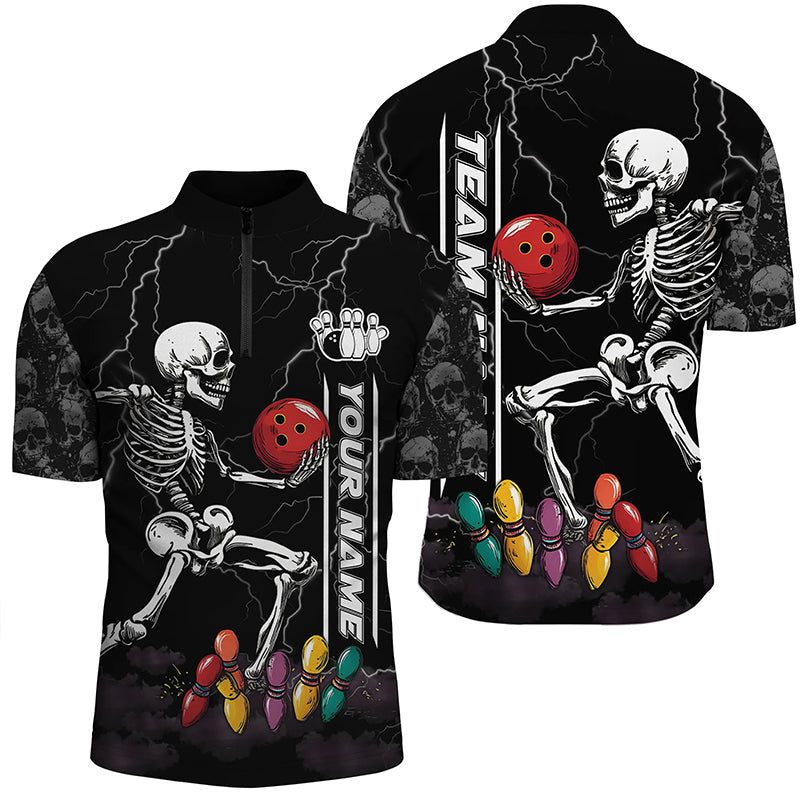 
Funny Skull Bowling Men's Polo Shirt, Black Quarter Zip Lightning Storm Team Jersey
 N8287