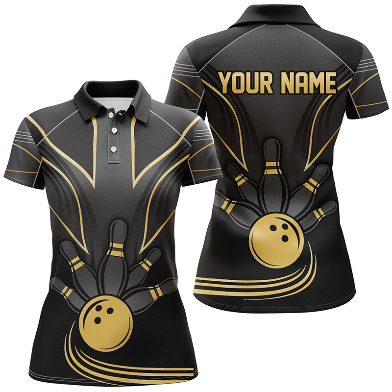 
Personalized Women's Black Gold Bowling Polo Shirt, Quarter Zip Custom Team Jersey for Bowlers
 N8313