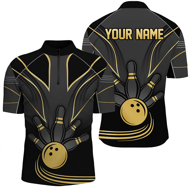 
Personalized Black and Gold Men's Bowling Polo Shirt - Custom Quarter Zip Team Jersey for Bowlers
 N8313