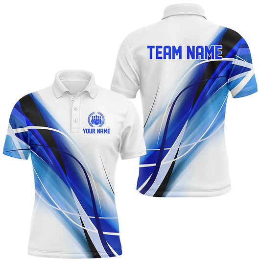 
Personalized White & Blue Geometric Bowling Shirts for Men | Custom Team Name Bowler Jerseys
 N8336