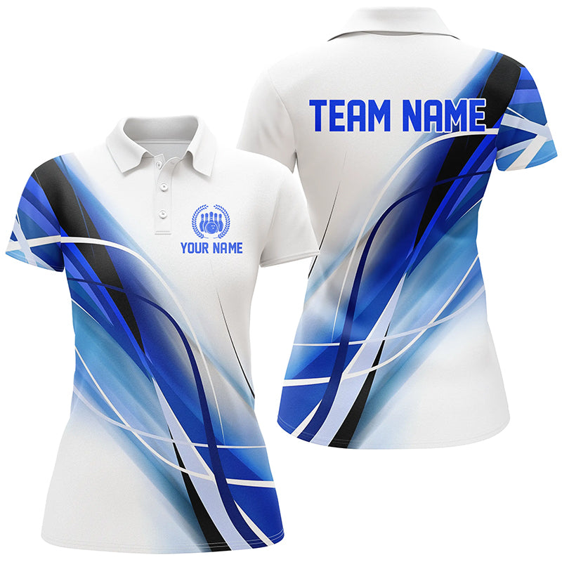 
Personalized Women's White and Blue Geometric Bowling Shirts - Custom Team Name Bowler Jerseys
 N8336