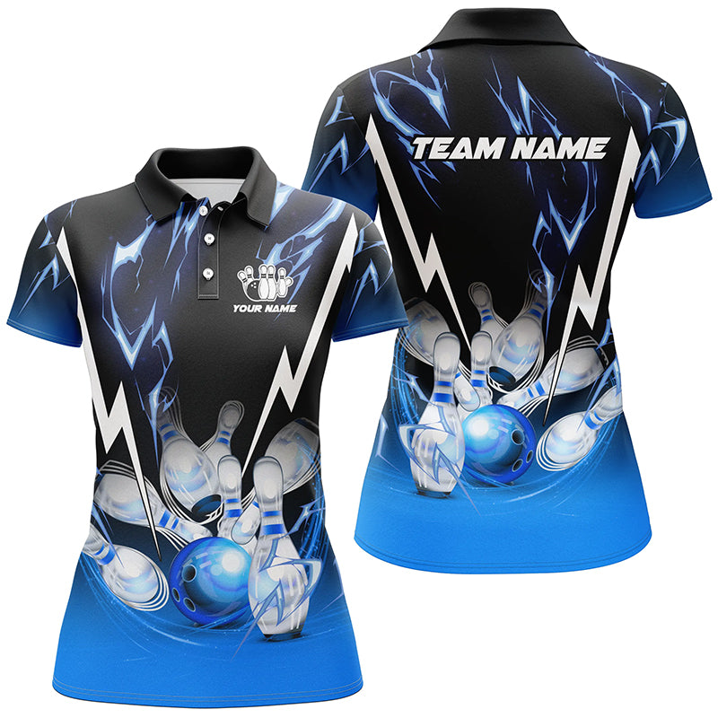 
Custom Bowling Polo Shirt - Black and Blue Lightning Thunder, Quarter Zip, Team League Jersey
 N8171