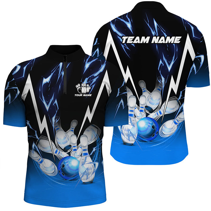 
Custom Bowling Polo Shirt for Men - Black and Blue Lightning Design, Quarter Zip Team Jersey
 N8171